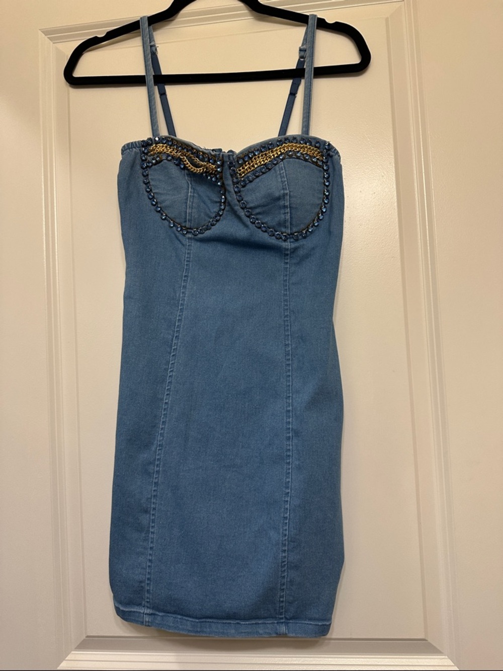 Haute Monde Blue Denim Mini Dress with Gold Bead Trim size small